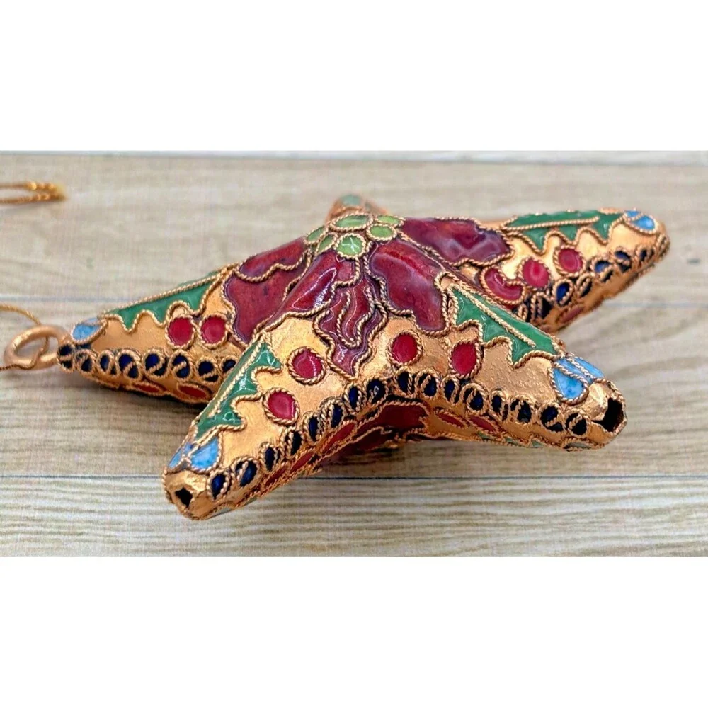 Cloisonne Red Enamel Gold Metal Holly Floral Star Christmas Hanging Ornament EUC